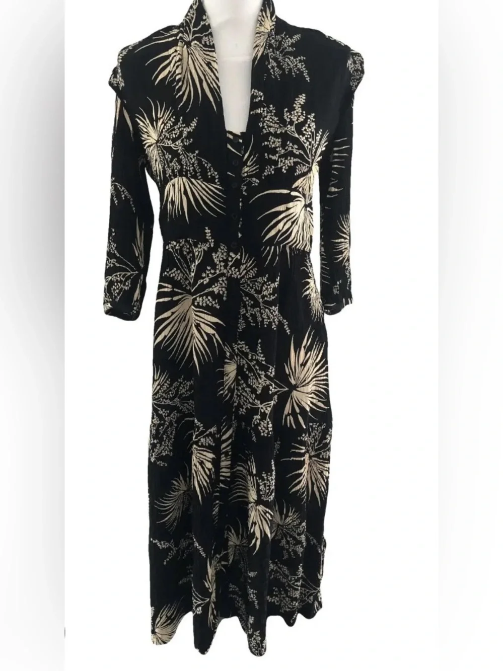 ba&sh Eleanor Robe Black and Cream Floral Button Midi Dress